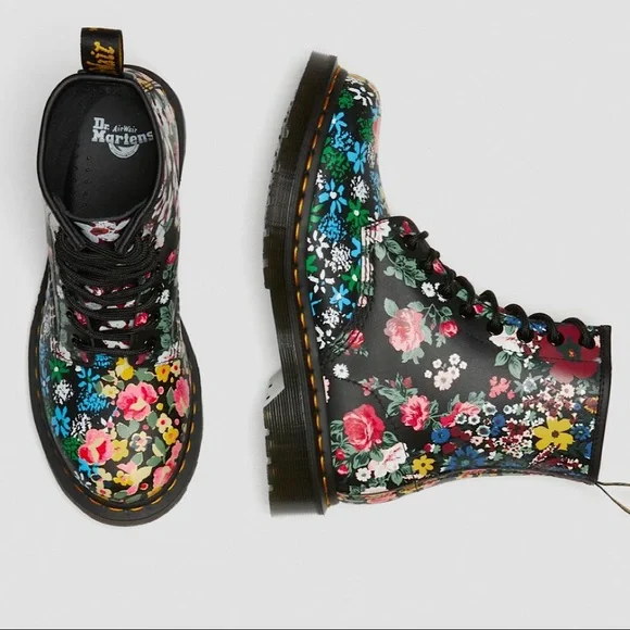 SOLD OUT Dr Martens 1460 Pascal Floral Mash Up Lace Up Black Combat Boots Sz 9 - Picture 5 of 13
